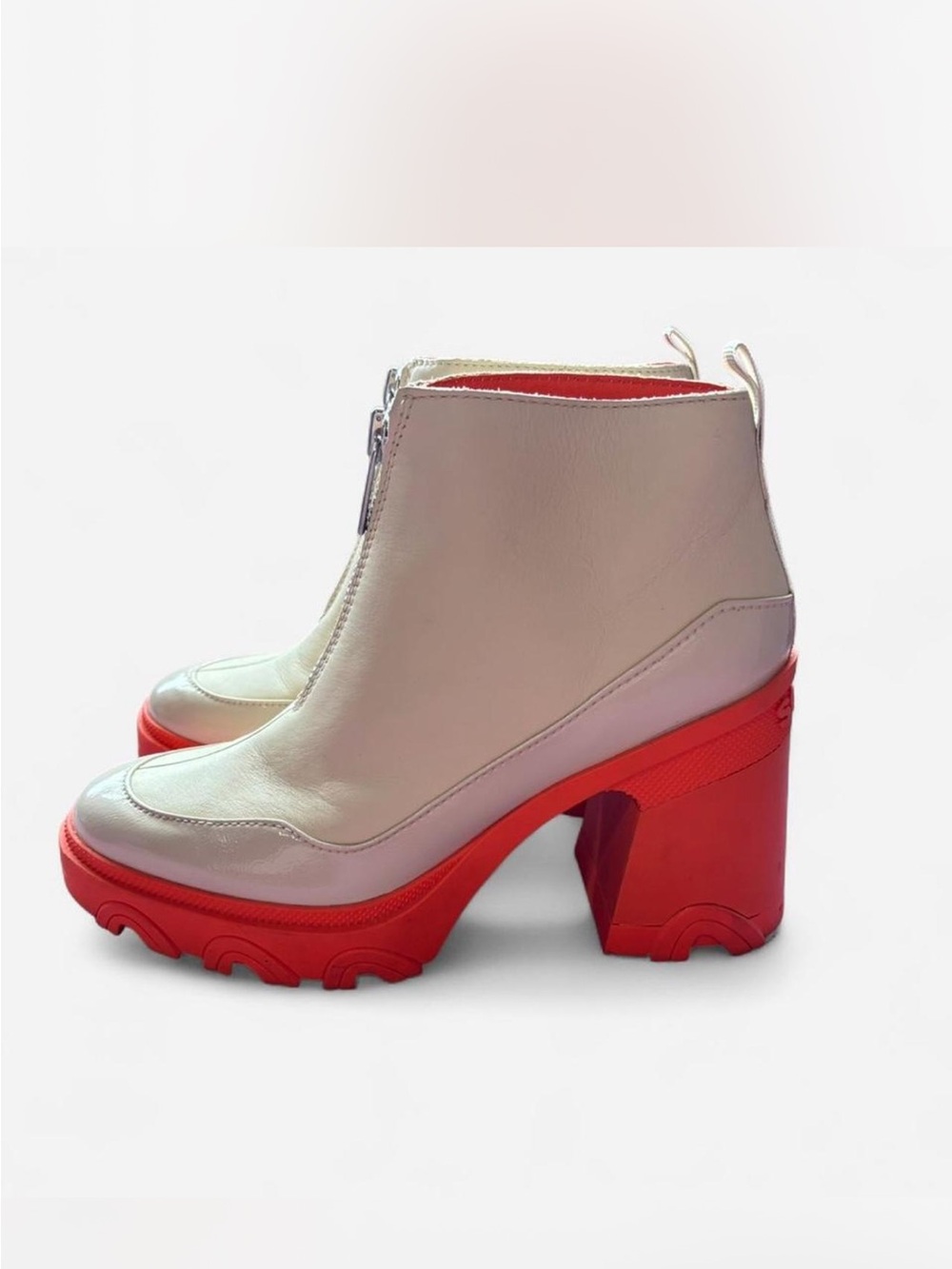 White and Orange Platform Leather Ankle Boots – Women's Chunky Heel